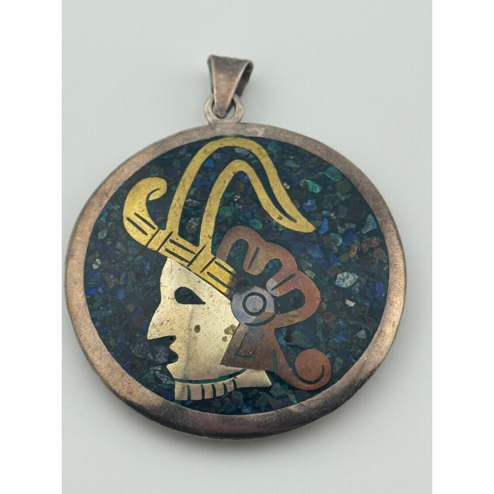 Vintage Metales Casados Aztec Warrior Sterling Silver Inlay Pendant Mexico
